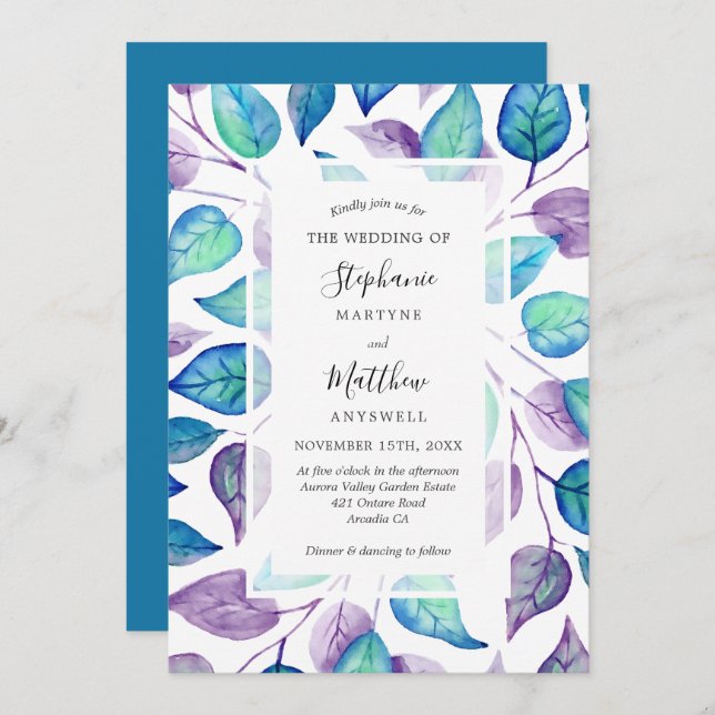 Convites Turquesa Púrpura Aquarela Deixa Casamento Foliar (Frente/Verso)