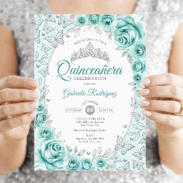 Convites Turquesa Quinze Anos Floral em Prata