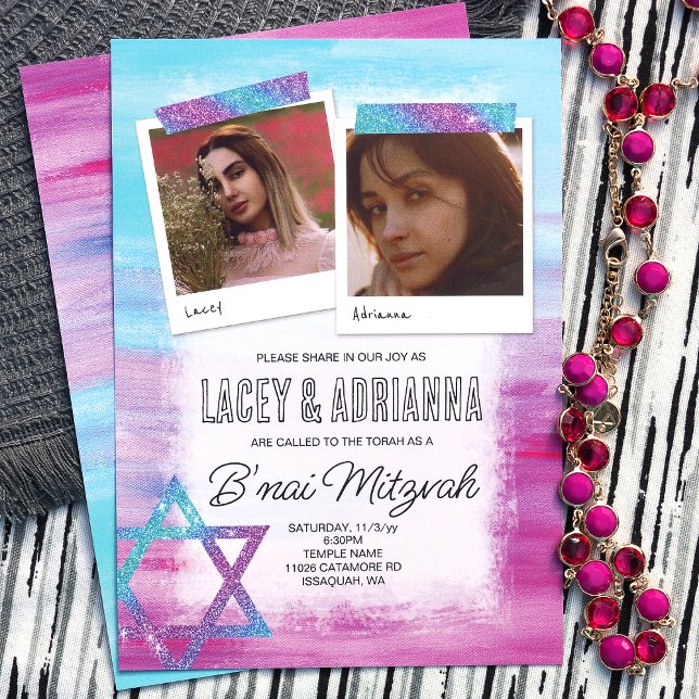 Convites Turquesa, Rosa, Azul, Brilhante B'nai Bat Mitzvah (Colorful b'nai bat mitzvah for 2 girls, pink turquoise blue, cute photo invitations, glitter stars)