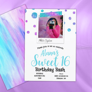 Convites Turquesa, Rosa e Bolinhas de Purpurina Sweet 16