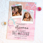 Convites Turquesa rosa - Foto do Bat Mitzvah<br><div class="desc">Bat Mitzvah, ao estilo do livro de texto, com um visual cor-de-rosa aflita feito à mão. Fotos quadradas bonitas com fita adesiva brilhante e estrela de David trabalho de arte em papel amassado é um belo visual de vintage para sua celebração de aniversário. As legendas das fotos podem ser alteradas...</div>