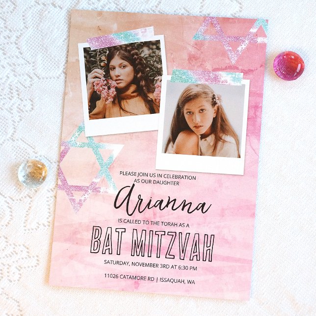Convites Turquesa rosa - Foto do Bat Mitzvah (Pink Glitter Photo Scrap Book Style Bat Mitzvah Invitation, Cute Photo Collage Invites)