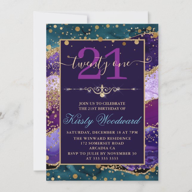 Convites Turquesa & Roxo & Brilho de Ouro Falso Ágata Anive (Frente)