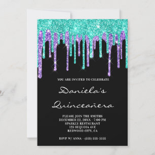 Convites Turquesa Roxo Brilho Gotas Preto Quinceañera