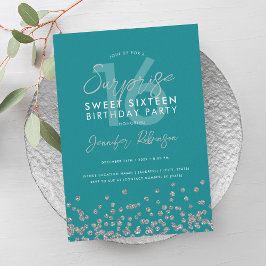 Convites Turquesa Silver Glitter Surpresa Sweet 16