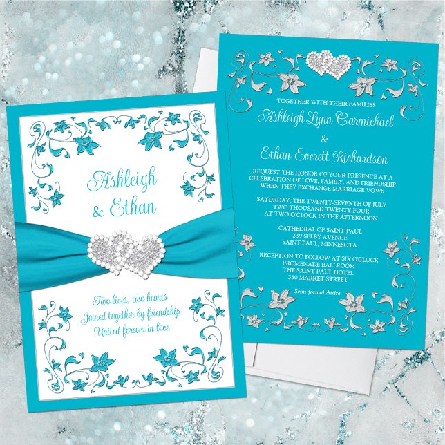 Convites Turquesa, Silver Love Hearts Invitation (Beautiful Turquoise or Teal Blue and White Wedding Invitation with Silver Joined Hearts and Flowers)