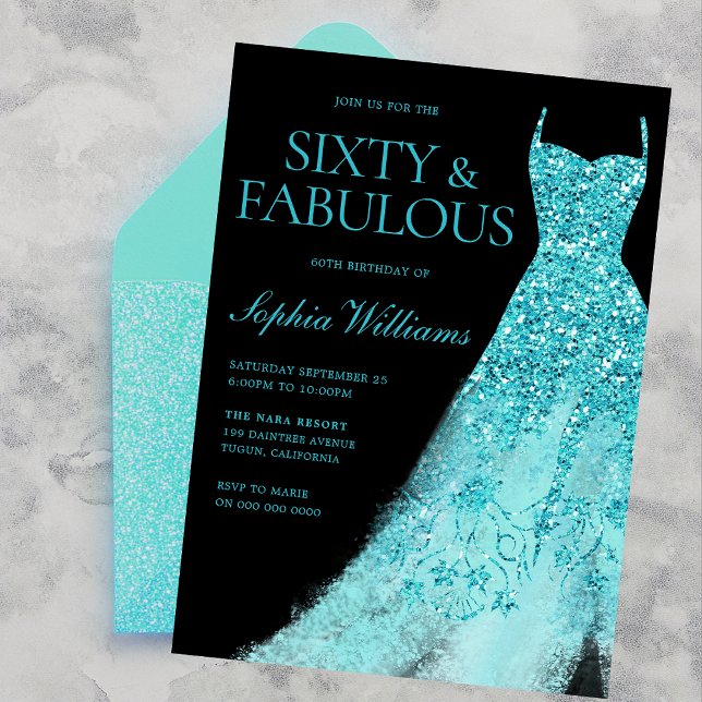 Convites Turquesa Sparkle Gown e Black 60º aniversário (Criador carregado)