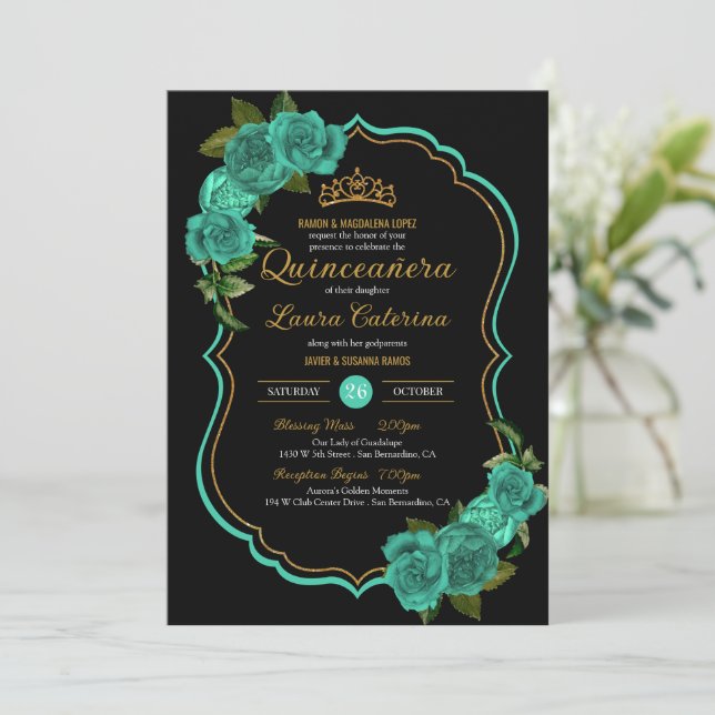 Convites Turquesa Teal Green Rosa Dourado Quinceañera (Em pé/Frente)