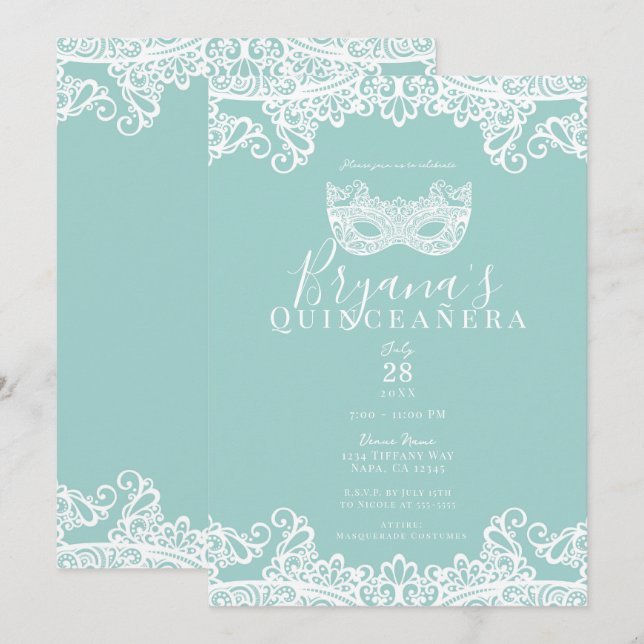 Convites Turquesa Teal Renda Máscara 15º Quinceañera (Frente/Verso)