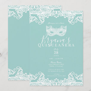 Convites Turquesa Teal Renda Máscara 15º Quinceañera