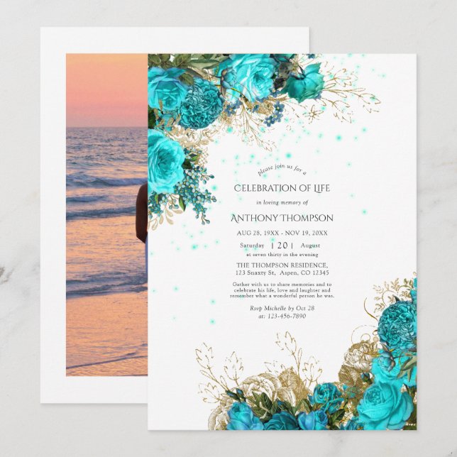 Convites Turquesa venenosa e celebração Dourada da vida (Frente/Verso)