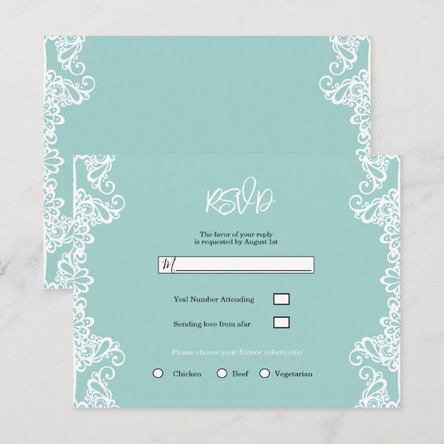 Convites Turquesa Verde Água Branco Renda Elegante RSVP de  (Frente/Verso)