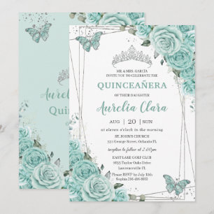 Convites Turquesa Verde Floral Borboletas Quinceanera 15
