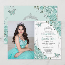 Convites Turquesa Verde Floral Borboletas Quinceanera 15