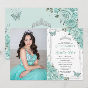 Convites Turquesa Verde Floral Borboletas Quinceanera 15