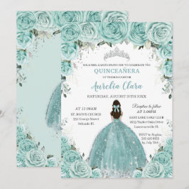 Convites Turquesa Verde Floral Princesa Prata Quinceañera
