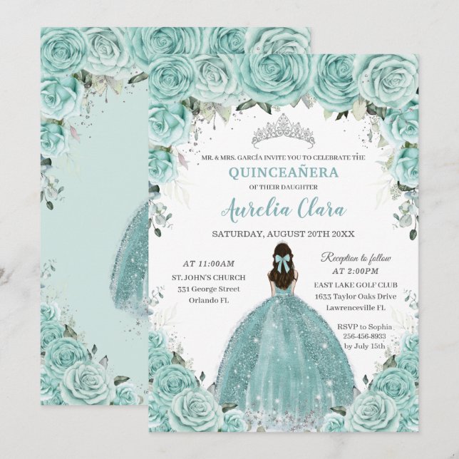 Convites Turquesa Verde Floral Princesa Prata Quinceañera (Frente/Verso)