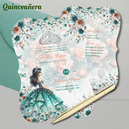Convites Turquesa Verde Quinceanera Vestido Borboleta Flora