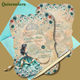 Convites Turquesa Verde Quinceanera Vestido Borboleta Flora