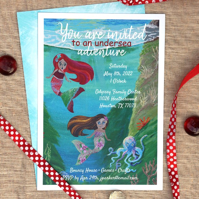 Convites Turquesa, Vermelho, Azul, Sereia Oceânica Aniversá (Mermaid birthday party theme invitations, red blue aquamarine, blue octopus )