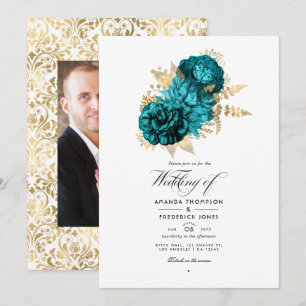 Convites Turquesa Vintage - Casamento Floral em Verde-água