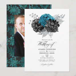 Convites Turquesa Vintage - Floral Prateado e Preto