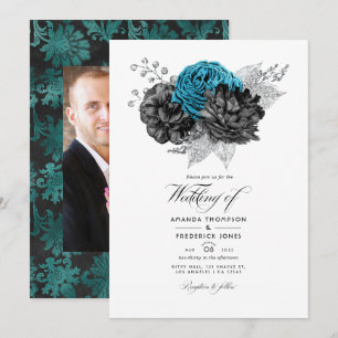 Convites Turquesa Vintage - Floral Prateado e Preto