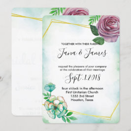 Convites Turquesa Watercolor e casamento floral com roxo