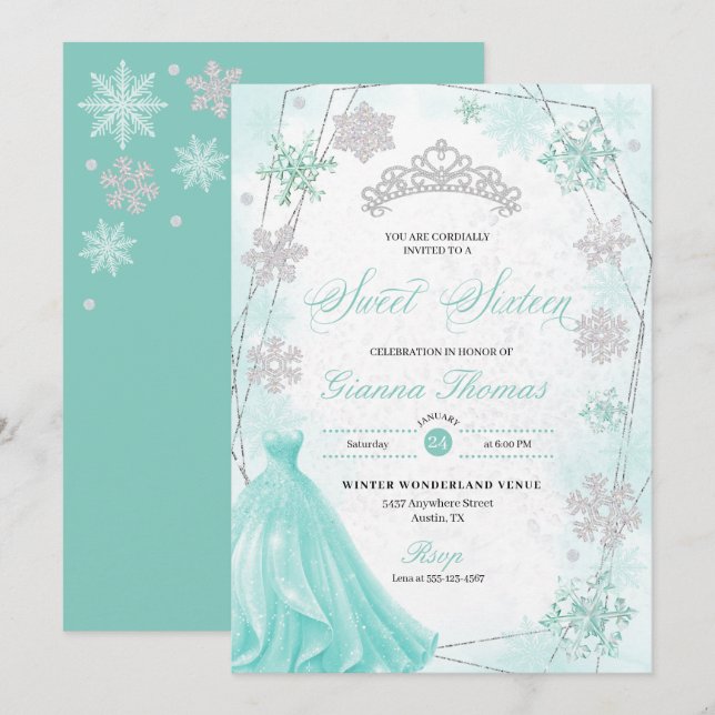 Convites Turquesa Winter Wonderland Snowflake Sweet 16 (Frente/Verso)