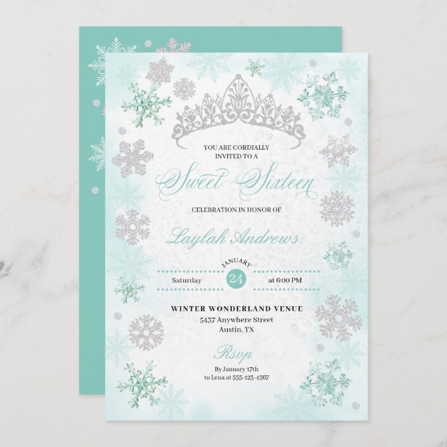 Convites Turquesa Winter Wonderland Snowflake Sweet 16 (Frente/Verso)