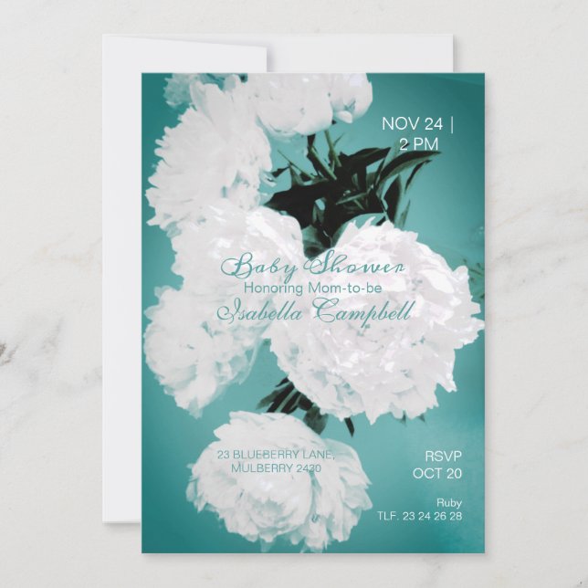 Convites Turquesas Peonies Floral Elegante Chá de fraldas (Frente)
