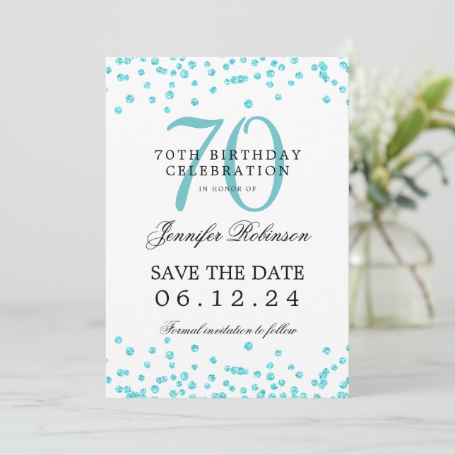 Convites Turquoise 70 Birthday Guarde os Detalhes da Data (Em pé/Frente)