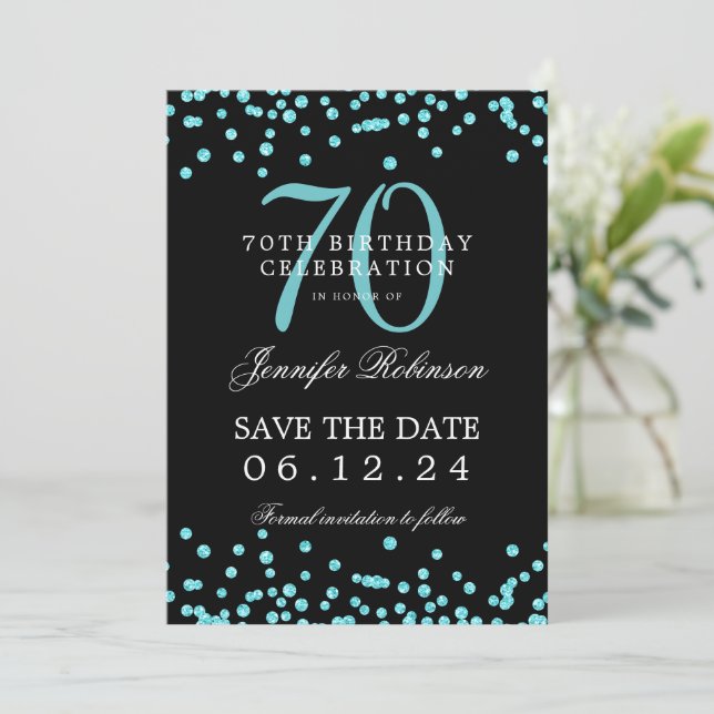 Convites Turquoise 70 Birthday Salvar Data Confetti Preto (Em pé/Frente)