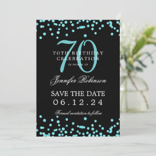 Convites Turquoise 70 Birthday Salvar Data Confetti Preto