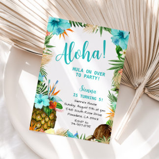 Convites Turquoise Aloha Birthday, tropical de Luau Havaian