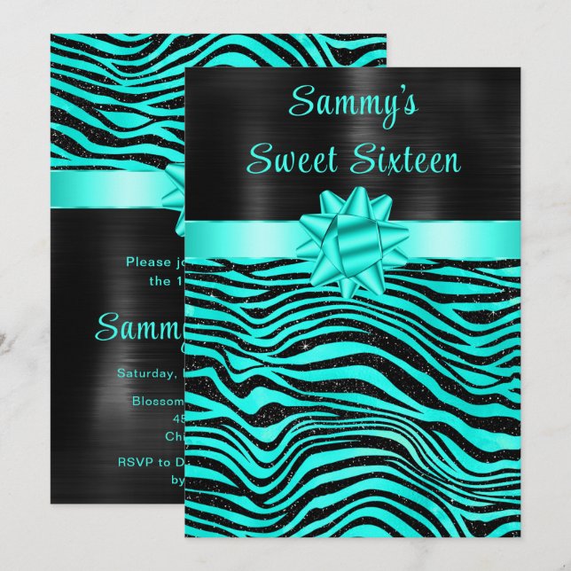Convites Turquoise and Black Zebra Stripes Sweet Sixteen (Frente/Verso)