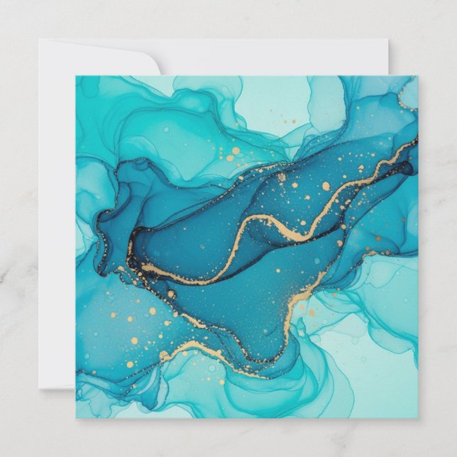 Convites Turquoise and Teal Alcohol Ink Abstract with Gold  (Frente)
