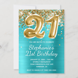 Convites Turquoise Blue Glitter Balloon aniversário de 21 