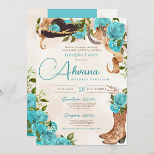 Convites Turquoise Blue Quinceañera Charra Rosa Ocidental