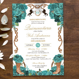 Convites Turquoise Blue Rosa Western Charro Quinceanera