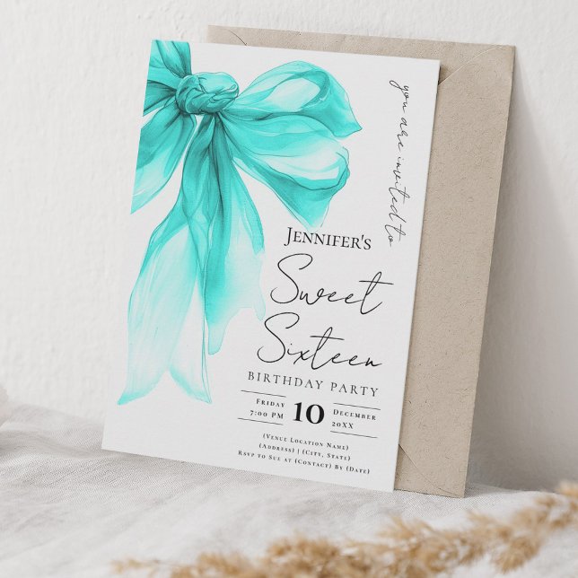 Convites Turquoise Bow Coquette Script Sweet 16 Party  (Turquoise Bow Coquette Script Sweet 16 Party Invitation)