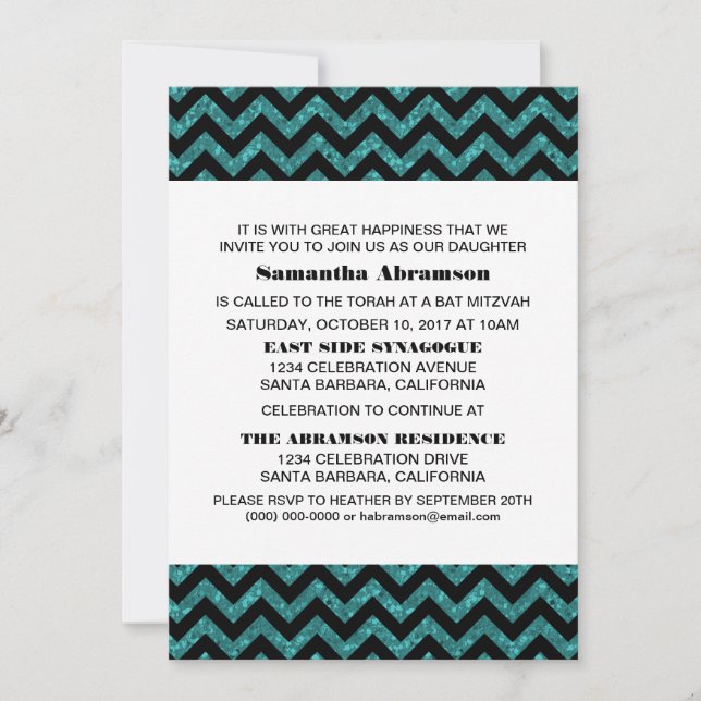 Convites Turquoise Chevron Glitter Bat Mitzvah Invite (Frente)