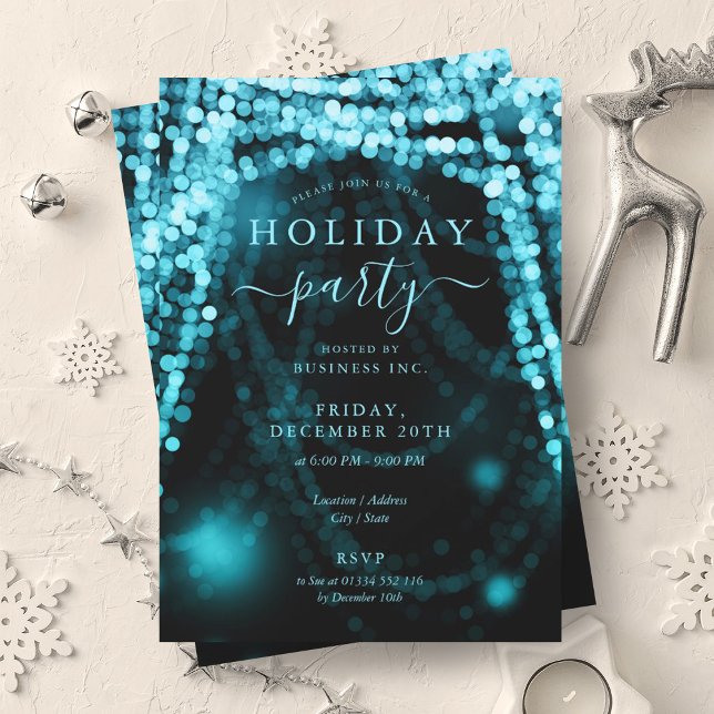 Convites Turquoise Company Holidy Party String Lights (Turquoise Company Holiday Party String Lights Invitation)