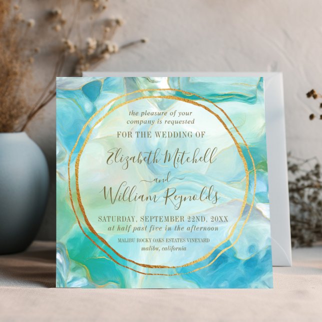 Convites Turquoise de Aquarela | Casamento Dourado (Criador carregado)
