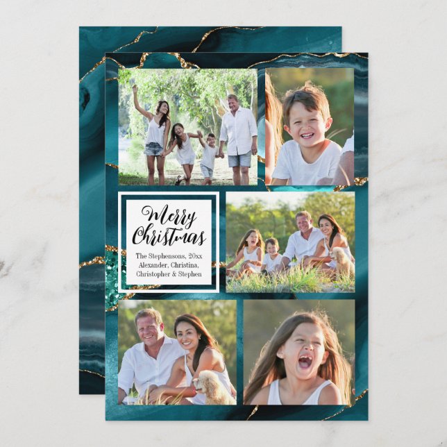 Convites Turquoise Dourada Swirl Agate 5 Foto Feliz Natal (Frente/Verso)