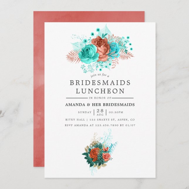 Convites Turquoise e Coral Tropical Bridesmaids Luncheon (Frente/Verso)