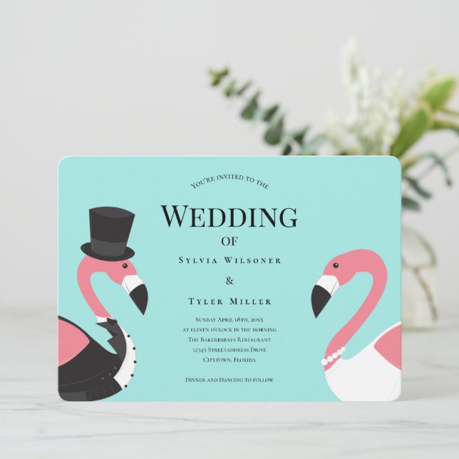 Convites Turquoise Flamingo Wedding (Em pé/Frente)