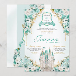 Convites Turquoise Floral Royal Castle Princesa Quinceanera