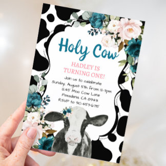 Convites Turquoise Floral Santa Vaca Eu sou Um Primeiro Ani