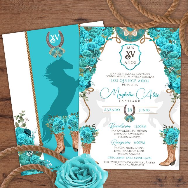 Convites Turquoise Floral Western Charro Ranch Quinceañera (Criador carregado)